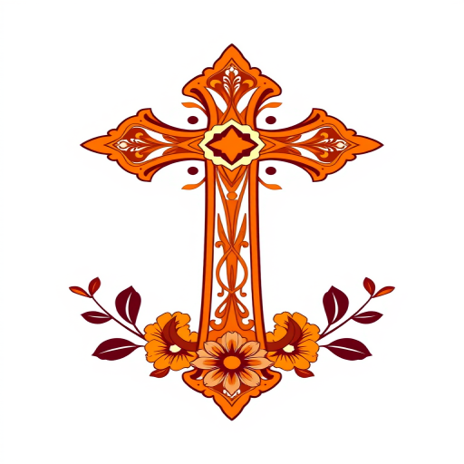 Create a vibrant logo of an ornate orange cross with floral accents, shot in high resolution with a DSLR camera at f/2.8, 50mm lens, ISO 100, natural lighting, centered composition, and minimal background for a clean look.