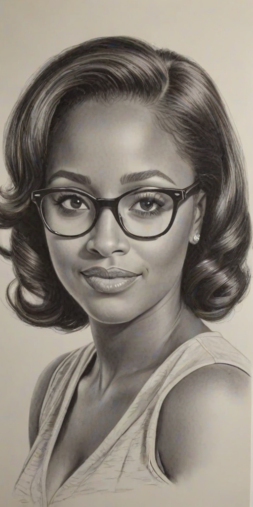Magnificent Keshia Knight Pulliam, pencil sketch, portrait of Graceful woman 1953s in glasses, hair style beatnik, outline, clear lines, fine lines, 8k