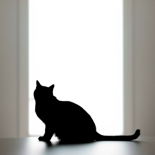 Create a high-resolution image of a minimalist black silhouette of a cat sitting gracefully, taken with a Canon EOS R5, 50mm lens, f/1.8 aperture, ISO 100, natural light, and centered composition.