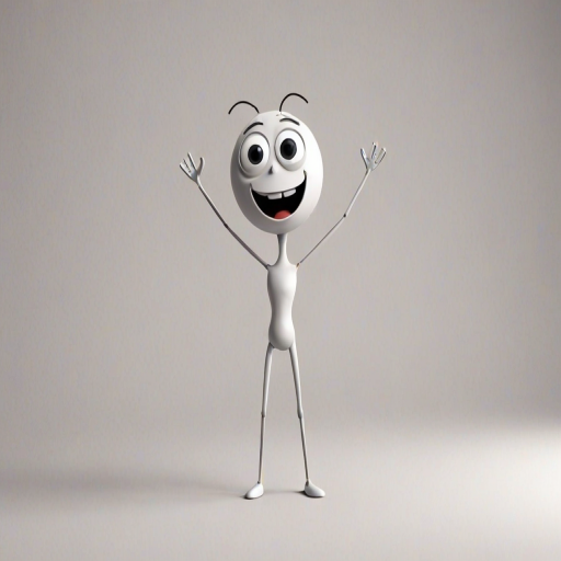 create a simplistic stick figure character with a round head, large eyes, and an open-mouthed expression, standing with arms raised in a surprised or excited manner on a plain background