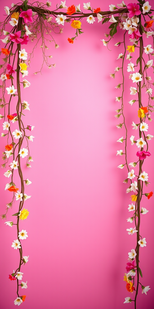 Create a vibrant pink background with delicate floral garlands adorned with colorful flowers, using a soft focus lens at f/2.8, 50mm focal length, ISO 100, and natural lighting to capture a dreamy, ethereal atmosphere.