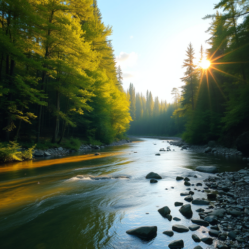 Create an image of a serene, sunlit forest scene with a clear, gently flowing river. Tall trees with lush green foliage line both sides of the river, their leaves bathed in the warm golden light of the setting or rising sun. The sunlight filters through the trees, casting soft, dappled light on the river, which flows over smooth rocks and pebbles, creating a peaceful, natural atmosphere. The sky is bright with a few scattered clouds, and the overall mood is tranquil, evoking a deep sense of connection with nature. The image captures the beauty of a calm, pristine forest landscape at either dawn or dusk.