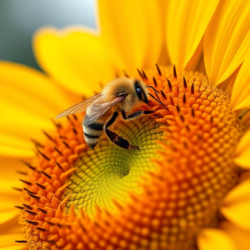 capture a macro shot of a bee on a vibrant sunflower with intricate details of the petals and center, using a Canon EOS 90D camera, 100mm macro lens, aperture f/2.8, shutter speed 1/250s, ISO 100, natural lighting, focus on the bee and flower texture