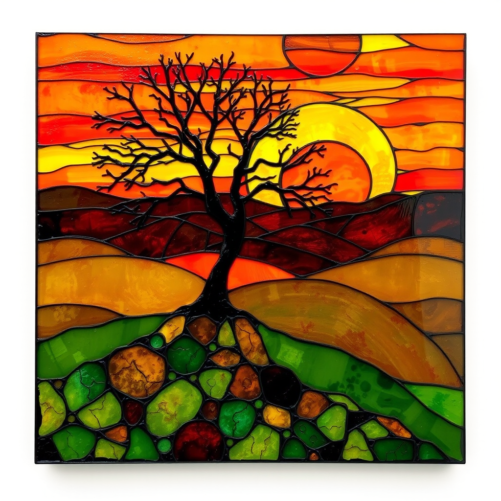 A vibrant abstract painting on Tiffany Glass, blending acrylic and alcohol ink techniques, captures a dramatic sunset over rolling hills. The artwork features a textured, rocky foreground in green and brown, layered abstract hills, and a striking sunset in rich oranges, yellows, and reds. A solitary black tree with intricate branches contrasts against the fiery sky, creating a dynamic and expressive portrayal of a breathtaking natural scene.