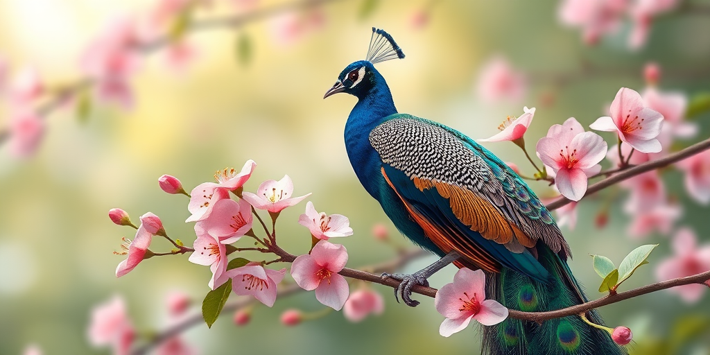 Create a vibrant illustration of a peacock perched on a flowering branch, focusing on intricate details of the feathers and blossoms, with a soft-focus background, using a DSLR camera with a 50mm lens, aperture set at f/1.8 for bokeh effect, ISO 100, and a wide-angle view for depth.