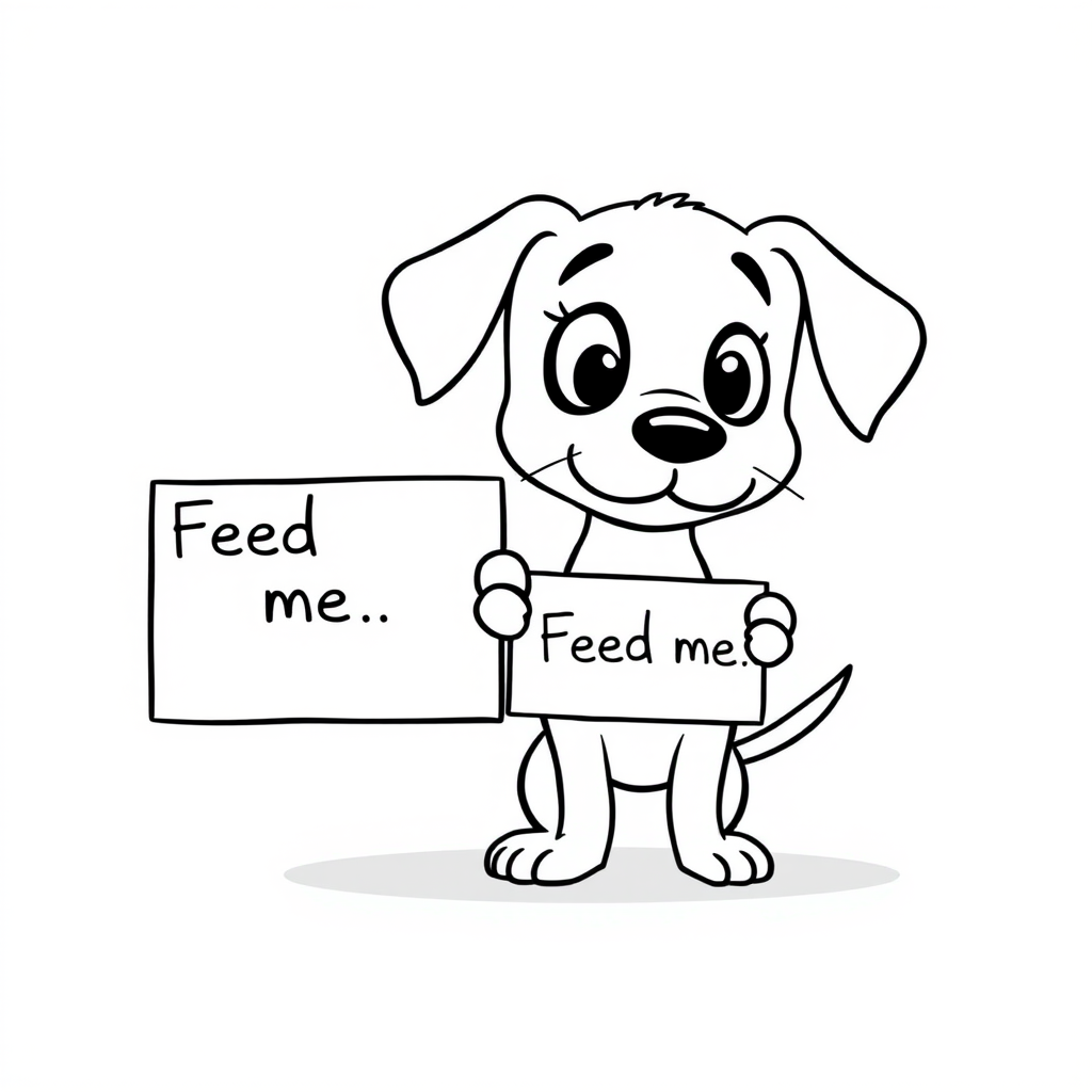 A minimalist cartoon of a PUPPY standing on a blank white background, holding a sign that simply says, 'Feed me.' The puppy is drawn with just a few lines: big eyes, whiskers, floppy ears, and a straight tail, giving it a comically desperate expression.