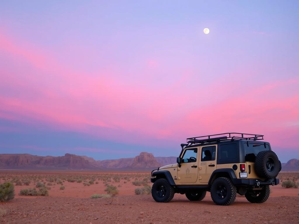 A rugged off-road vehicle parked in a desert landscape at sunset with soft pink and orange hues in the sky, moon visible in the background, wide-angle lens, ISO 100, aperture f/8, shutter speed 1/125s, DSLR camera, high-resolution image.