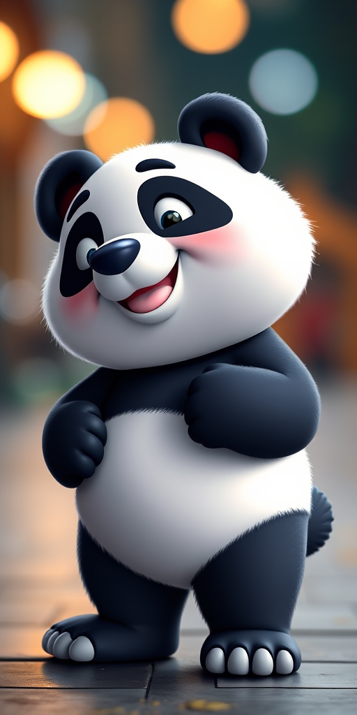 cartoon panda character standing and smiling, high-resolution, 50mm lens, f/2.8 aperture, soft focus background, dramatic lighting, shot with a digital camera