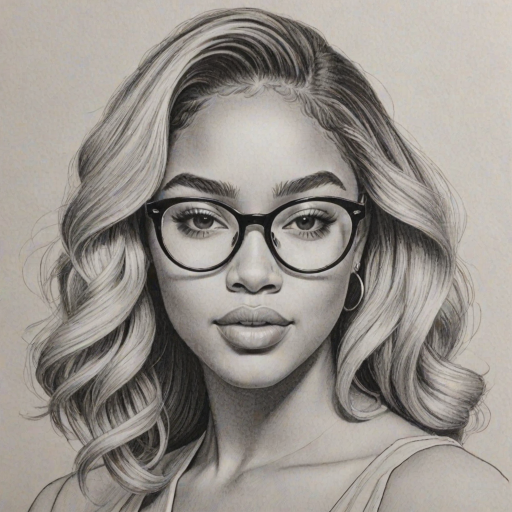 Splendid Jordyn Woods, pencil sketch, portrait of Stunning woman 1959s in glasses, hair style beatnik, outline, clear lines, fine lines, 8k