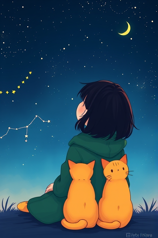 Create an illustration of a girl with dark hair and a green coat sitting with a yellow cat, gazing up at a starry night sky with visible constellations and a crescent moon, using a digital art style with a high-resolution finish, capturing a wider view, with soft focus background and vibrant colors, emulating a Canon EOS R with a 50mm f/1.8 lens at ISO 200 and aperture f/2.8.