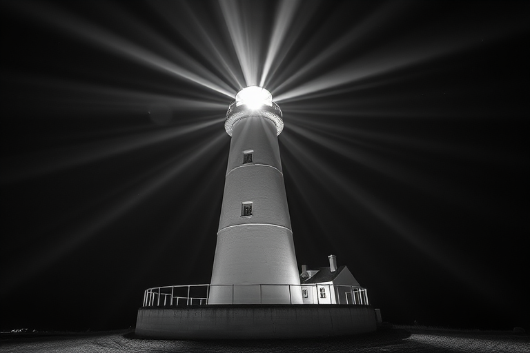 lighthouse at night with beams of light shining, monochrome, captured with a Canon EOS R5, ISO 100, f/8, 15 seconds, wide-angle view, long exposure photography