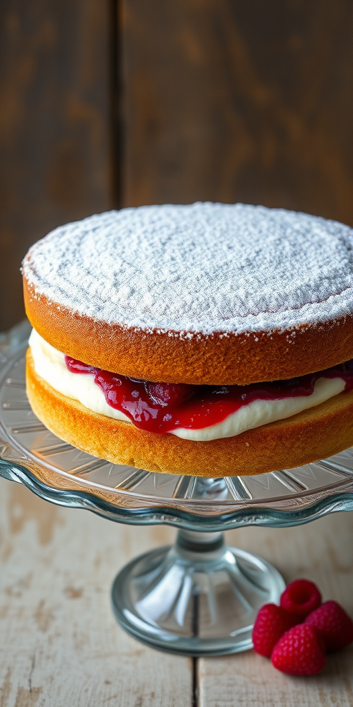 A beautifully baked sponge cake with a layer of cream and raspberry jam in the center, dusted with powdered sugar, displayed on a vintage glass cake stand with a rustic background.