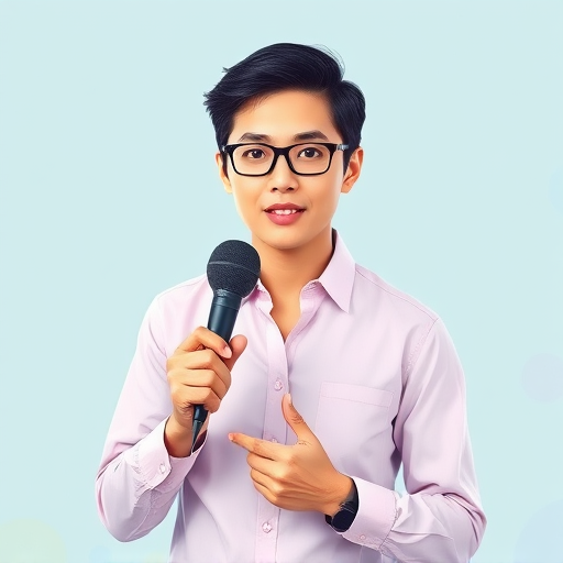 Create a vector-style illustration of a generic news reporter holding a microphone, with a soft pastel color palette, shot with a 50mm lens at f/2.8 for a shallow depth of field, using a digital camera with high resolution and vibrant colors, front view, studio lighting for clarity and emphasis on the subject.