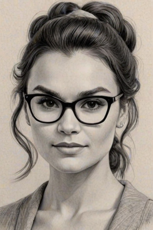 Alluring Samantha Barks, pencil sketch, portrait of Lovely woman 1947s in glasses, hair style beatnik, outline, clear lines, fine lines, 8k