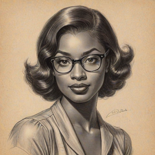 Ravishing Coco Jones, pencil sketch, portrait of Bewitching woman 1935s in glasses, hair style beatnik, outline, clear lines, fine lines, 8k