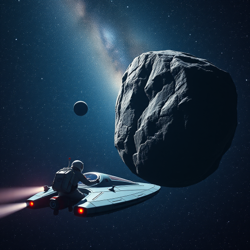 A realistic depiction of a futuristic spacecraft and an astronaut near a massive asteroid in deep space with the Milky Way galaxy in the background, captured with a DSLR camera at f/8, ISO 200, 24mm lens, wide-angle view, high dynamic range imaging.