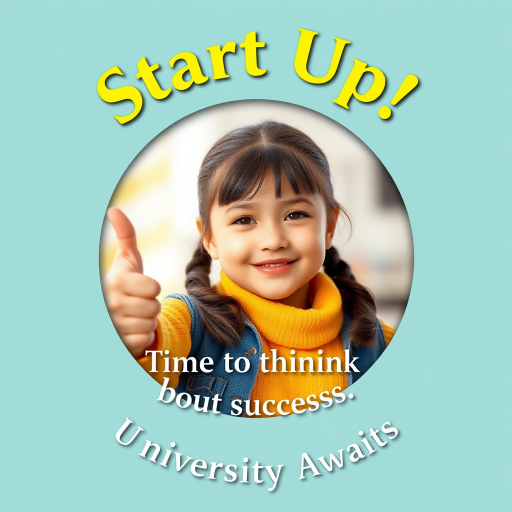Create an image featuring a young girl giving a thumbs up with a positive expression inside a circular frame, with the words "Start Up!" in bold at the top, and "Time to think about success. University Awaits." in an elegant font below, shot with a Canon EOS 5D Mark IV, aperture f/2.8, ISO 100, with a bright, soft-focus background to enhance the central elements.