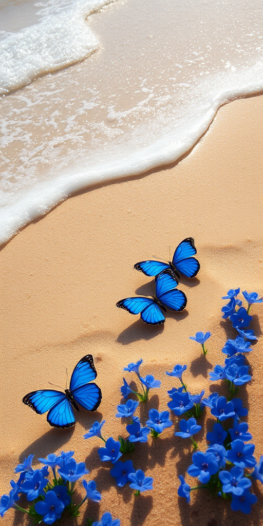Create an image of a serene beach scene featuring sandy shores and gentle waves. Include vibrant blue butterflies scattered among beautiful blue flowers along the water's edge. The sunlight should reflect off the water, creating a sparkling effect. The overall atmosphere should be calm and peaceful, evoking a sense of tranquility.