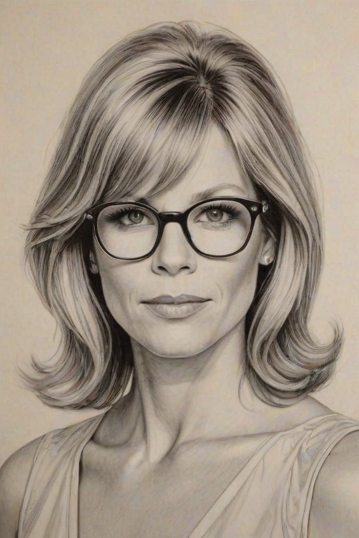 Dazzling Kate Capshaw, pencil sketch, portrait of Resplendent woman 1967s in glasses, hair style beatnik, outline, clear lines, fine lines, 8k