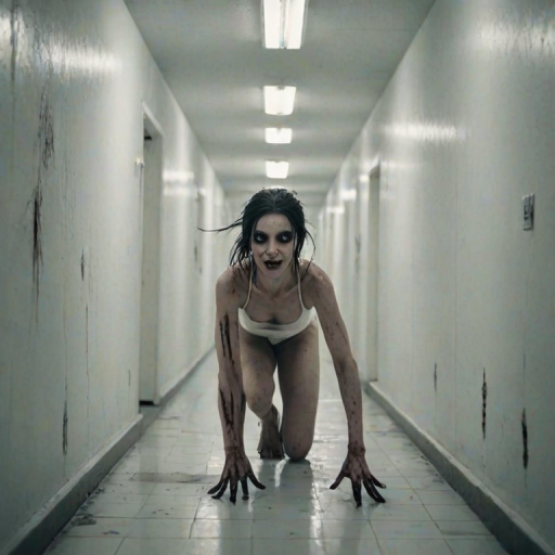 a crooked female with long arms and a creepy smile is crawling along a long white corridor and you can also see cockroaches in it there is a creepy atmosphere creepy art style