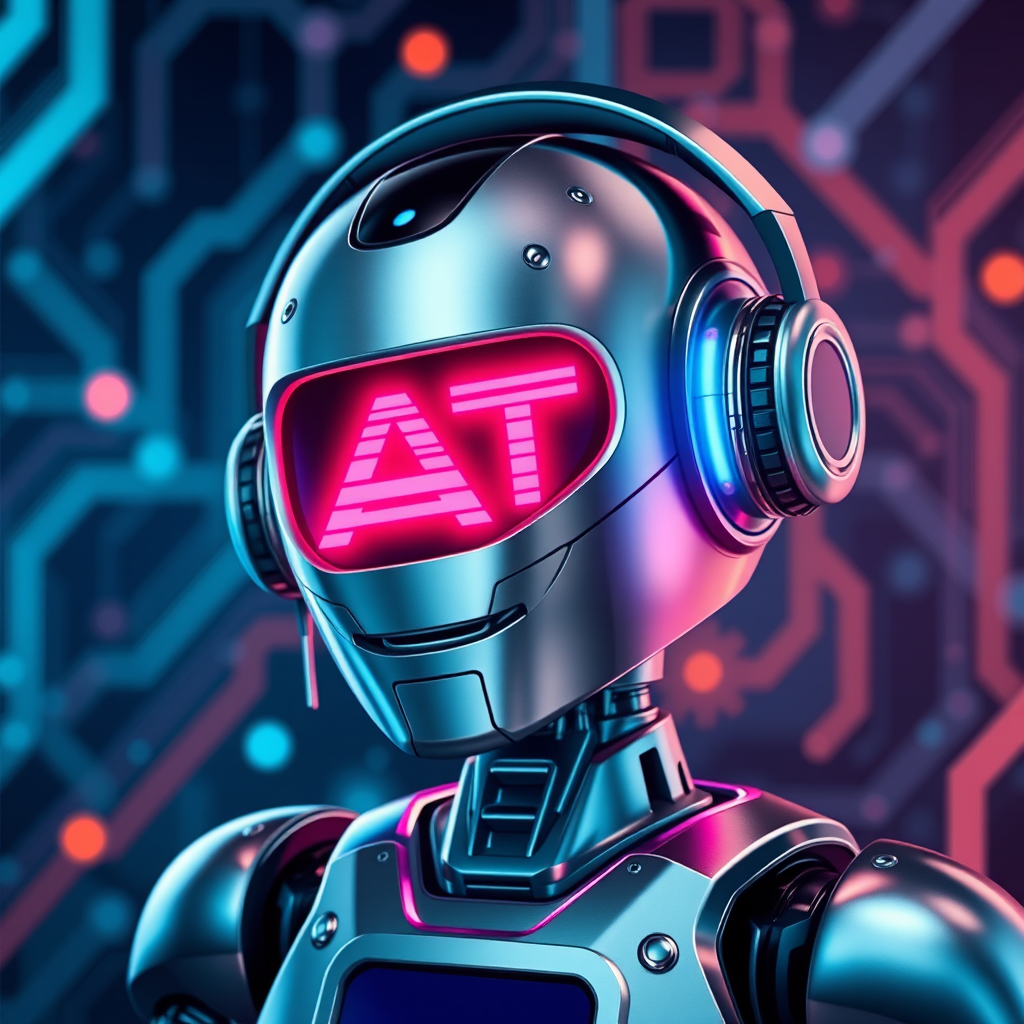Create an image of a futuristic robot with a sleek metallic design. The robot should have a digital display showing the letters "AT" in bright colors. It is wearing headphones and has an engaging expression. The background should feature abstract tech elements with glowing lights and circuits, conveying a sense of advanced technology and innovation.