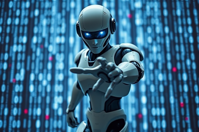 A futuristic humanoid robot reaching forward against a digital binary background, 50mm lens, f/1.8 aperture, ISO 100, 1/200 sec shutter speed, captured in high dynamic range with a digital single-lens reflex (DSLR) camera.