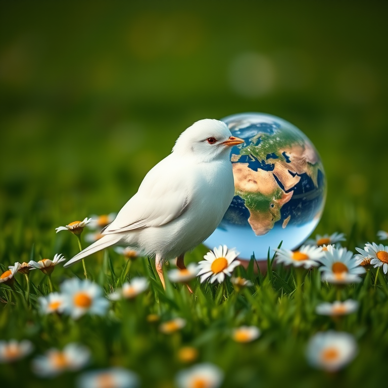 Create a serene scene of a white bird standing on lush green grass surrounded by daisies and a glass globe revealing Earth, shot with a DSLR camera at f/2.8, ISO 100, 50mm lens, natural lighting, focusing on depth of field for a dreamy quality.