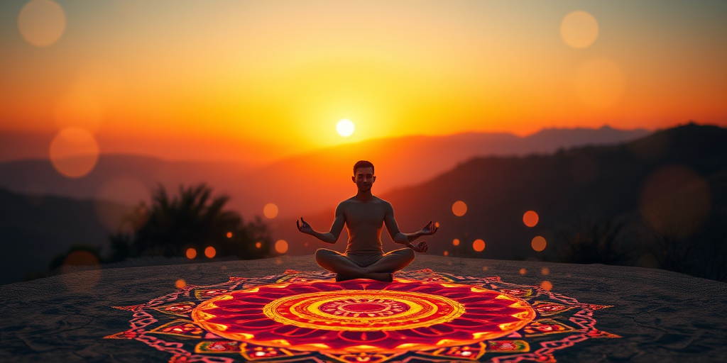 a serene sunset landscape with a meditating figure seated cross-legged on a vibrant mandala, surrounded by glowing energy orbs, mountains in the background, soft focus, shot with a Canon EOS R5, 50mm lens, aperture f/1.8, ISO 100, shutter speed 1/200s, natural light for a warm glow