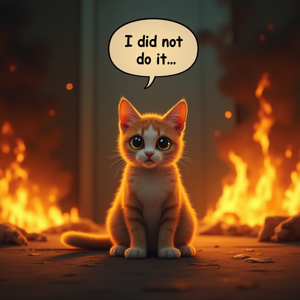 Photorealistic image of an innocent-looking cat sitting calmly in the middle of a burning room. Flames engulf the room, with fire licking up the walls and smoke filling the air. The cat is sitting on the floor, looking directly at the viewer with wide, innocent eyes. Above the cat, a speech bubble says "I did not do it" The contrast between the cat's calm demeanor and the chaos around it creates a humorous and surreal scene.