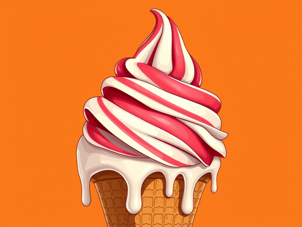 A detailed illustration of a melting ice cream cone with swirls of red and white ice cream, drips falling from the cone, set against a warm orange background, shot with a DSLR camera at f/4.0 aperture, ISO 100, 50mm lens, with soft natural lighting for vibrant colors and smooth textures.
