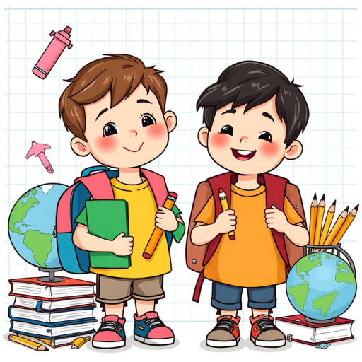 Illustration of two children with backpacks, one holding a pencil, surrounded by school supplies like notebooks, pencils, and a globe, against a grid background, shot with a Canon EOS 5D Mark IV, ISO 100, f/8, 1/125 sec, using a wide-angle lens for a clear and vibrant look.