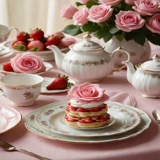Generate an image of a beautifully arranged dessert that resembles a rose. The dessert should feature layers of thin pastry intertwined with fresh strawberries and whipped cream. Set the scene with a pastel-colored tablecloth, elegant tea cups, and a teapot in the background, creating a charming afternoon tea atmosphere.