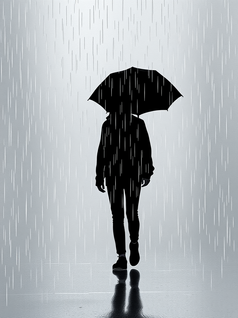 Create a minimalist illustration of a person walking in the rain, using a monochromatic color palette with shades of black and white, captured with a Canon EOS R5, 50mm f/1.2 lens, aperture set to f/2.8, ISO 100, with a soft gradient background and detailed raindrops.