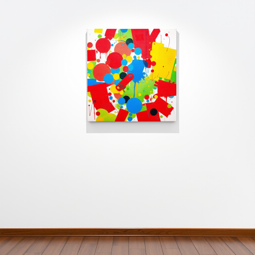 Create an image that features a colorful, abstract painting on a white wall. The painting should be vibrant and filled with various shapes and colors, including red, blue, yellow, and green. The wall should be a clean, stark white, allowing the painting to be the central focus. The painting should be hung in the center of the image, with the wall filling the rest of the frame.