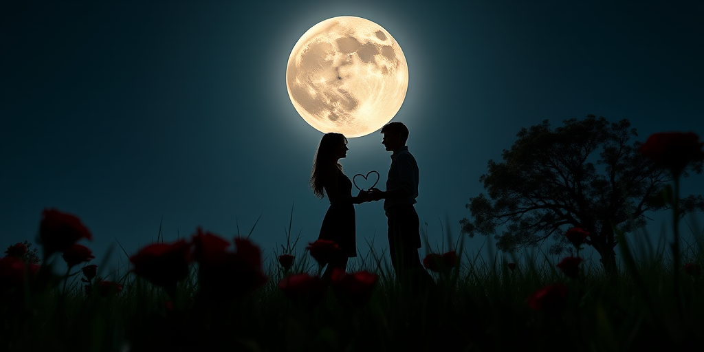 silhouette of a couple holding a heart under a large moon, surrounded by roses in grass, tree silhouette in the background, shot with a DSLR camera, 50mm lens, f/1.8 aperture, ISO 200, long exposure for enhanced night sky details, low angle view for dramatic effect