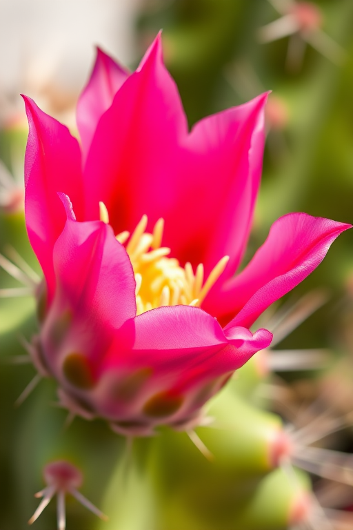 Close-up of a vibrant pink cactus flower with spines in the background, natural light, aperture f/2.8, shutter speed 1/200 sec, ISO 100, macro lens, DSLR camera, shallow depth of field.