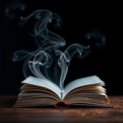 Create an artistic image of an open book with swirling ethereal smoke emerging from its pages set against a dark background, captured with a DSLR camera at f/2.8 aperture, ISO 100, 1/125 sec shutter speed, with a macro lens for enhanced detail and clarity, using a soft focus effect to emphasize the magical elements.