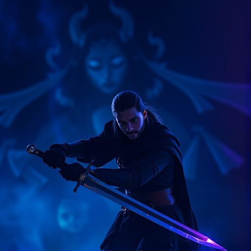 Create a dramatic fantasy scene featuring a warrior with a sword and a mystical figure in the background, using a Canon EOS R5 with an 85mm f/1.4 lens, aperture set to f/2.8, ISO 100, shooting in low light with a moody blue and purple color palette, soft bokeh effect in the background.