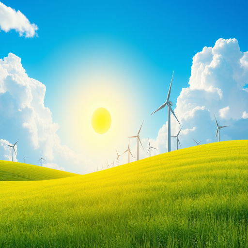 Create an illustration of a vibrant blue sky with fluffy white clouds and a bright yellow sun, featuring multiple white wind turbines on a green grass field, DSLR camera, 35mm lens, f/8 aperture, ISO 100, natural lighting.