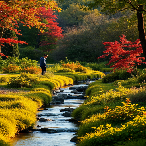 Regenerate a lush, serene landscape with a figure in a natural setting, featuring vibrant foliage and a gentle stream, captured with a DSLR camera at f/5.6 aperture, 50mm lens, ISO 100, in golden hour lighting, focusing on hyper-realistic detail and rich color depth.
