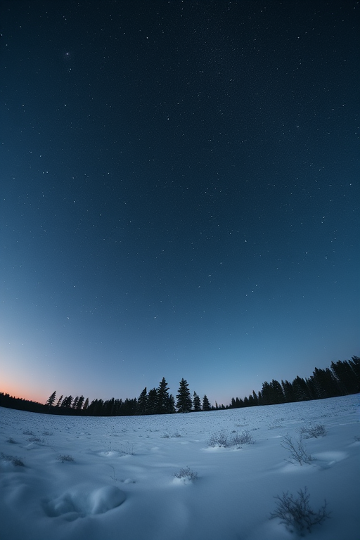 night sky with stars over a snowy field and silhouetted trees in the foreground, ISO 800, f/2.8, 20 seconds exposure, wide-angle lens, low-angle view, DSLR camera