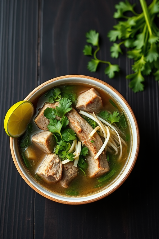 A vibrant bowl of pho with tender meat, fresh herbs, bean sprouts, and lime, styled on a dark wooden surface, shot with a Canon EOS R5 at f/2.8, ISO 100, 1/100s, top-down view, natural light with shallow depth of field.