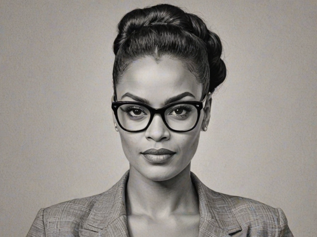 Pleasing Freema Agyeman, pencil sketch, portrait of Resplendent woman 1950s in glasses, hair style beatnik, outline, clear lines, fine lines, 8k