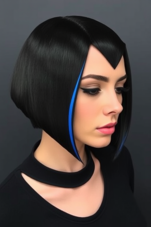 Jet black geometric bob with sharp angles and a glossy finish, dubbed "Obsidian Edge," showcasing a precise, architectural shape and a single neon blue streak