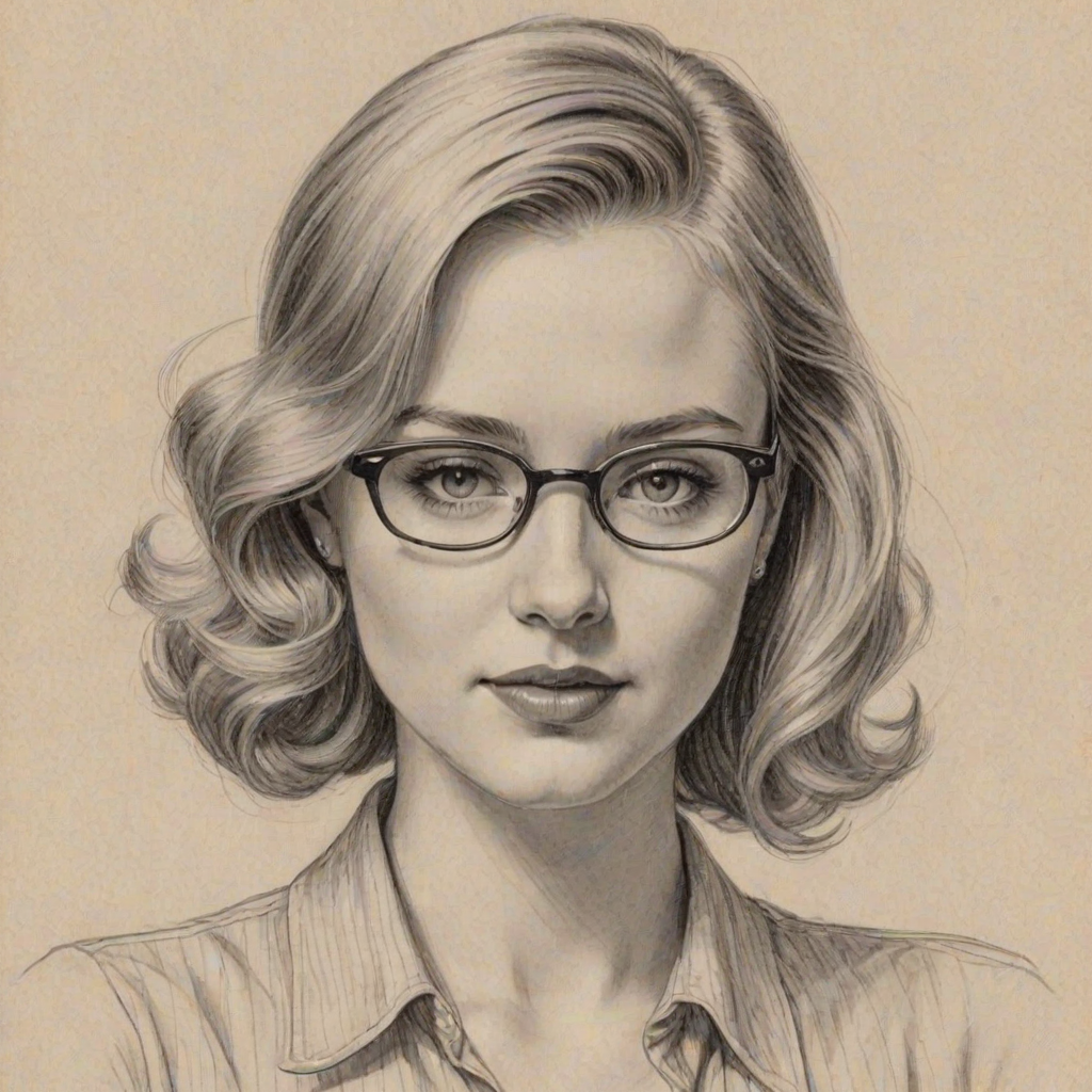 Resplendent Sierra McCormick, pencil sketch, portrait of Enticing woman 1935s in glasses, hair style beatnik, outline, clear lines, fine lines, 8k