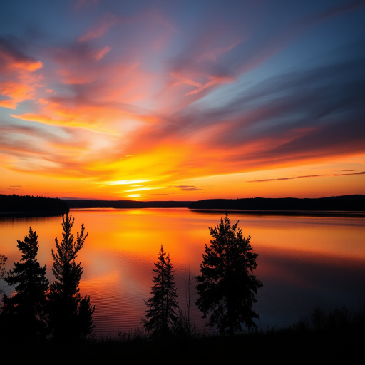 A vibrant sunset over a calm lake with silhouettes of trees in the foreground, f/8 aperture, ISO 100, 1/125 sec shutter speed, wide-angle lens, DSLR camera, captured from a low angle for depth and focus on reflections.