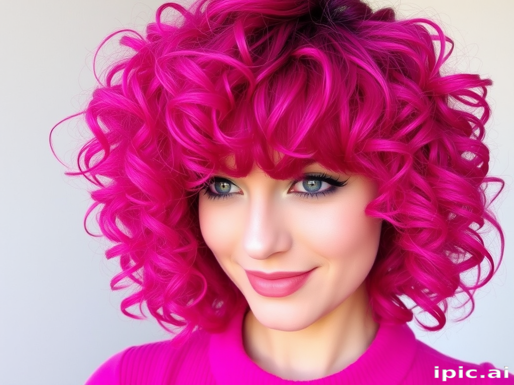 Vibrant magenta curly shag with choppy layers and curtain bangs, embracing natural texture for a retro-inspired and carefree look