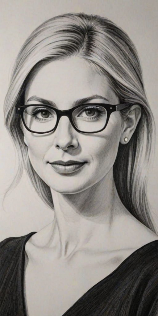Delightful Kelly Rutherford, pencil sketch, portrait of Appealing woman 1964s in glasses, hair style beatnik, outline, clear lines, fine lines, 8k
