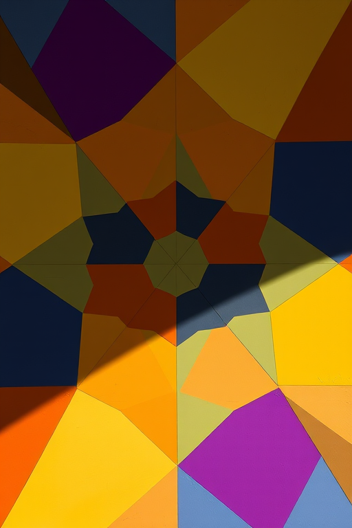 Create a vibrant, high-resolution image of an abstract geometric pattern with a balanced color palette, captured with a Canon EOS R5 at f/8, ISO 100, 1/250 sec, from a top-down perspective in natural lighting.