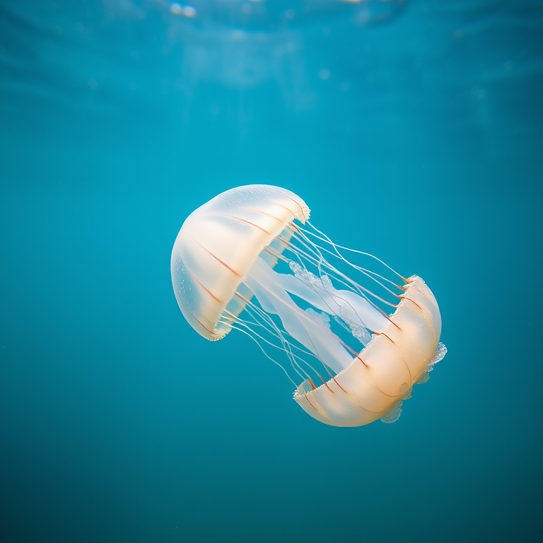 Create a high-resolution underwater photograph of a luminous jellyfish gracefully swimming, captured with a DSLR camera using a 50mm lens, f/2.8 aperture, ISO 200, and a shutter speed of 1/250s, with a macro view and a soft background.
